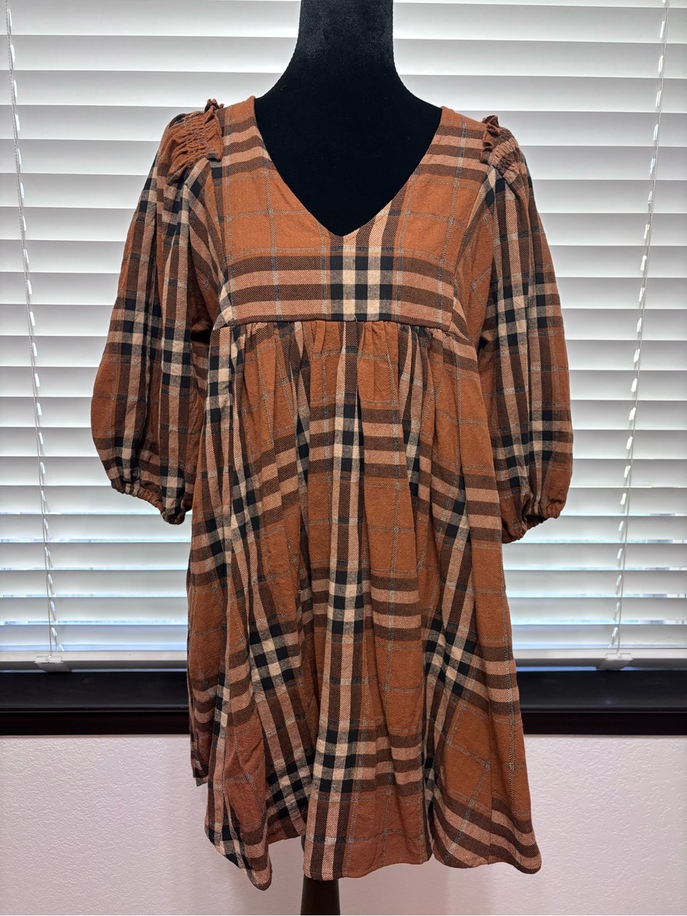 Flawless Brown Plaid Babydoll Dress XS Puff Sleeves